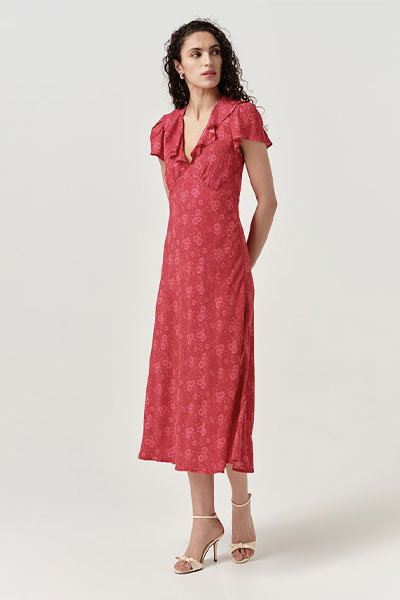 Kimmy Dotty Floral Frill Neck Crepe Midi Dress