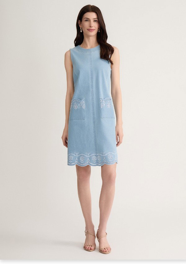 Embroidered Sleeveless Denim Dress