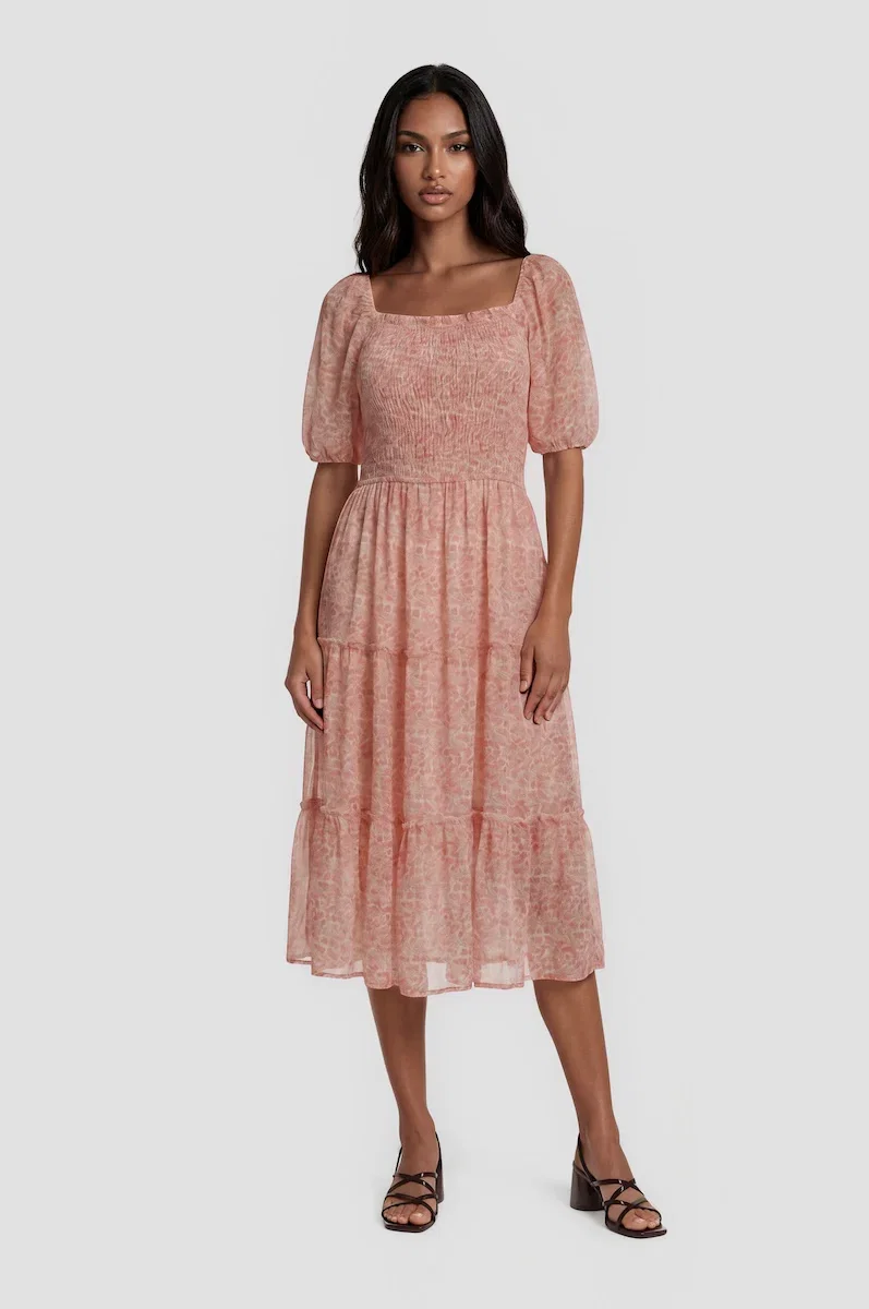Image of Puff Sleeve Smocked Midi Dress - Coral
