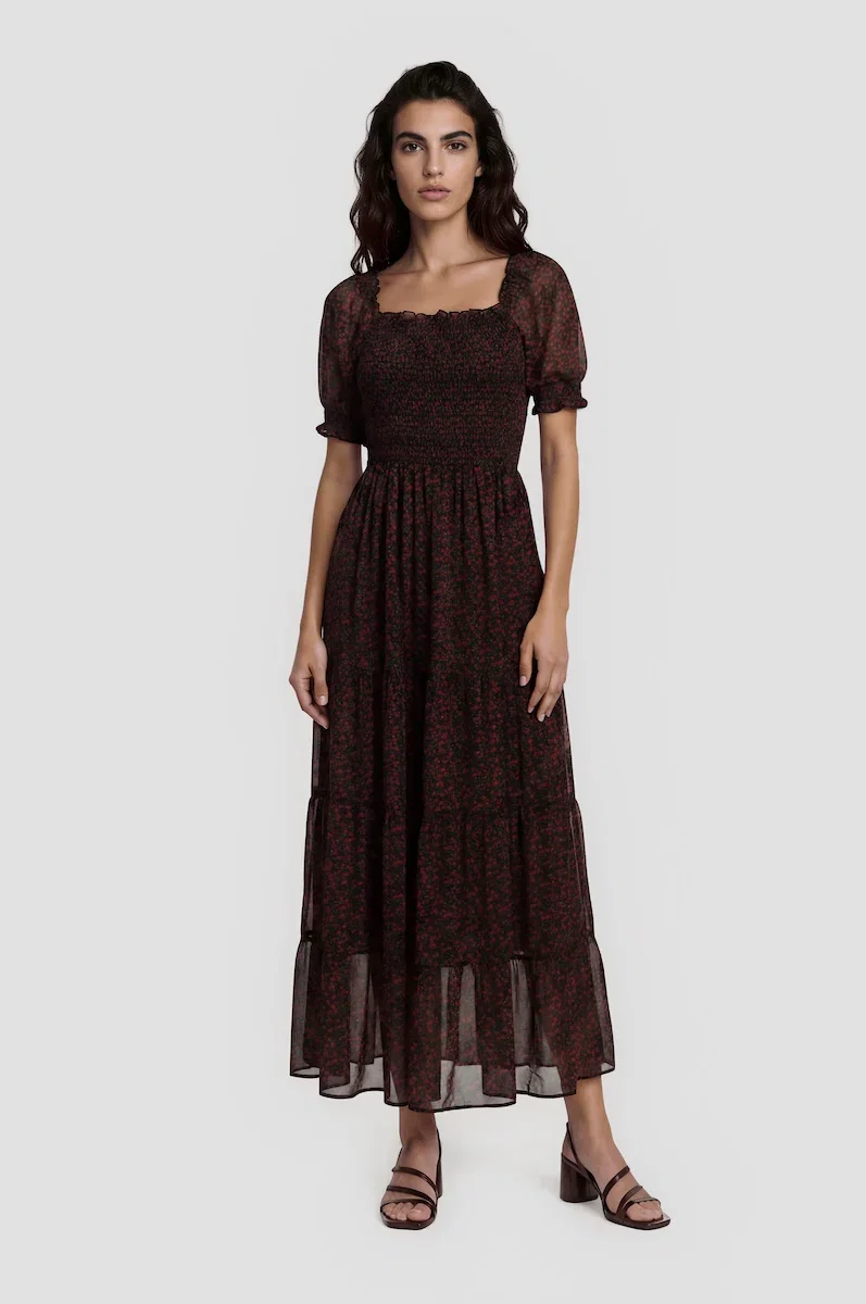 Image of Tiered Chiffon Smock Dress - Red