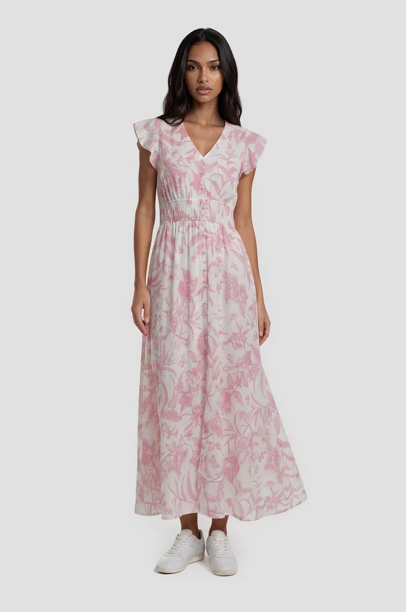 Image of V Neck Cinched Waist Maxi Dress - Pink