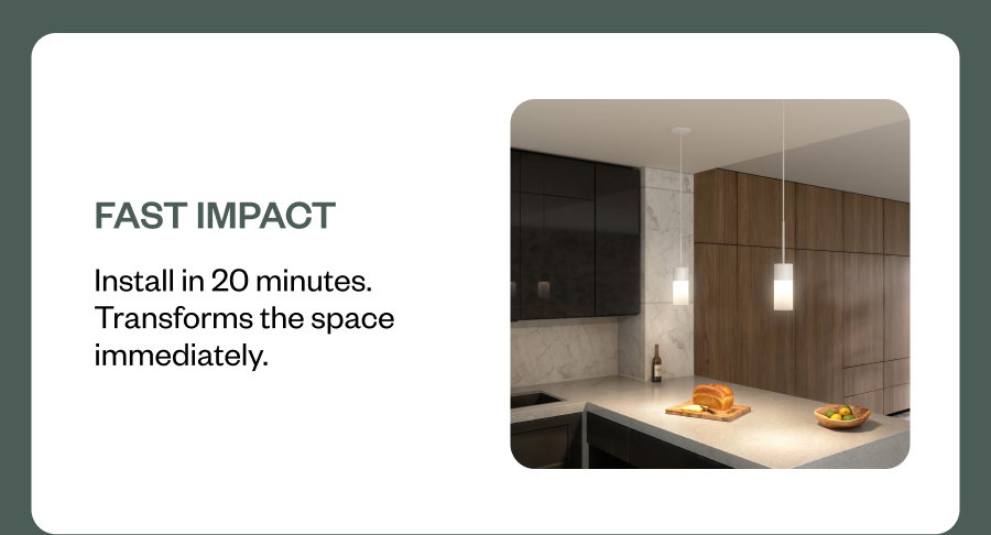 Fast impact Install in 20 minutes. Transforms the space immediately.