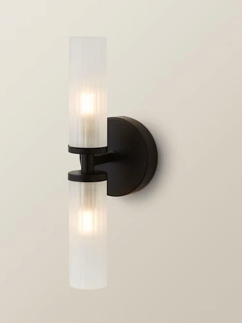 Canya IP44 2-Way Matte Black Wall Light with Reeded Glass Shades