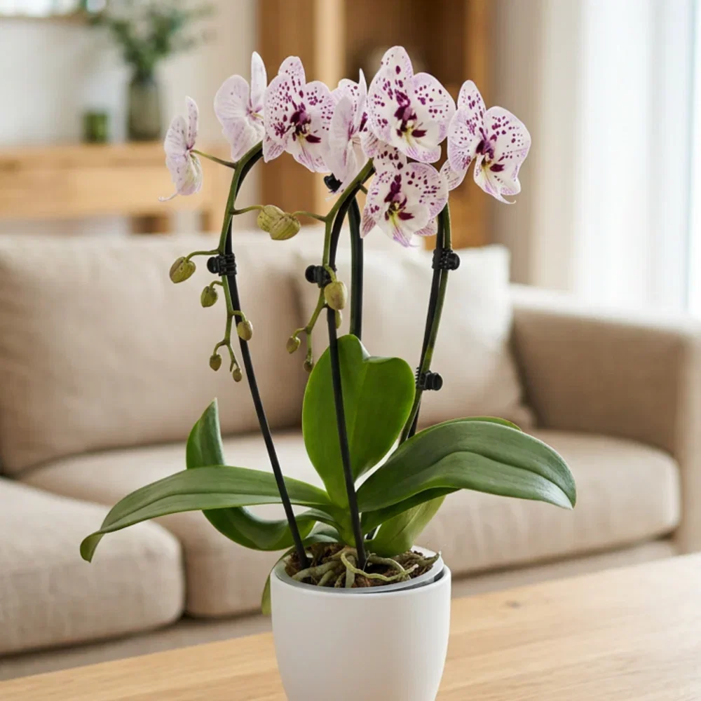 Wasserfall Phalaenopsis Expressions mit weiß-rosa gefleckten Blüten und 2 Rispen