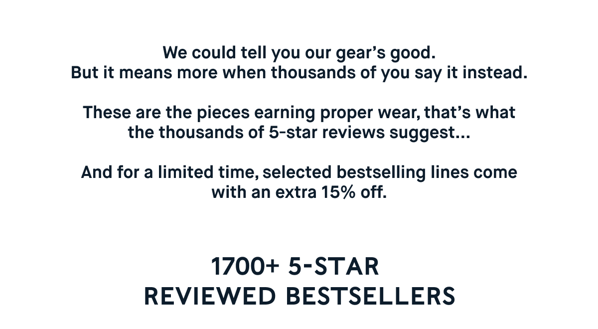 We could tell you our gear’s good. But it means more when thousands of you say it instead.  These are the pieces earning proper wear, that’s what the thousands of 5-star reviews suggest…  And for a limited time, selected bestselling lines come with an extra 15% off.
