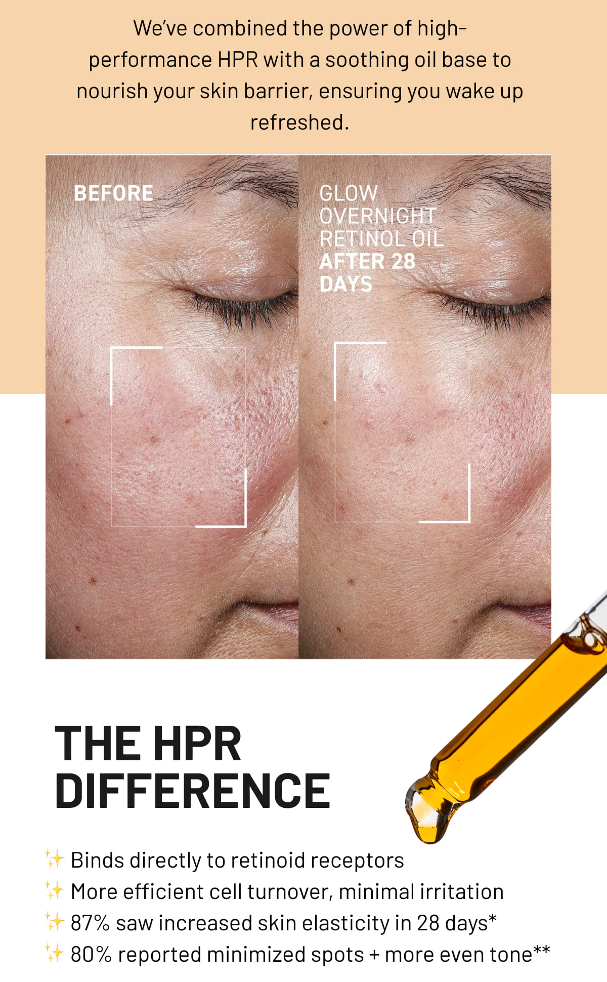We’ve combined the power of high-performance HPR with a soothing oil base to nourish your skin barrier, ensuring you wake up refreshed.