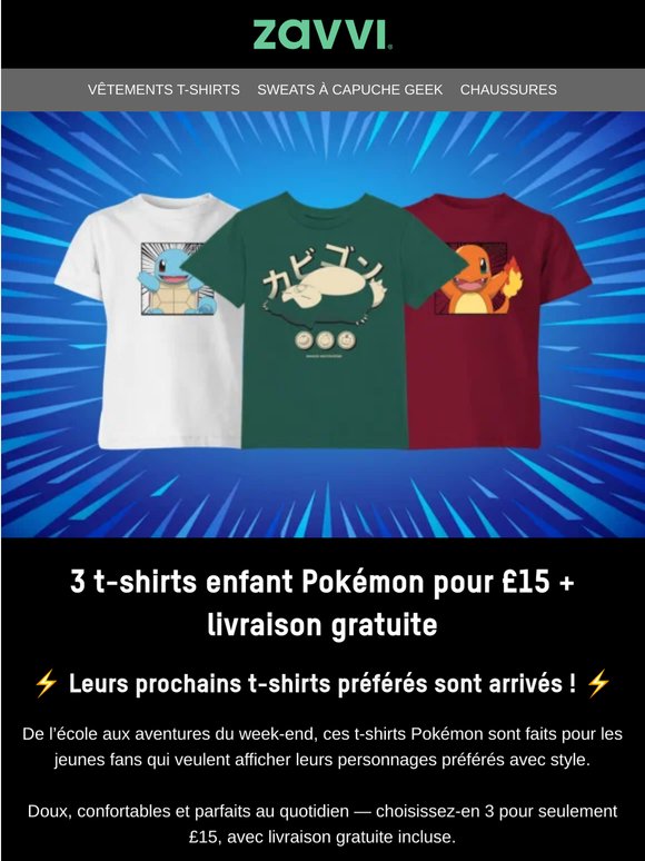 ⚡ Attrapez-les tous : 3 t-shirts Pokémon enfant pour seulement 20 € ! ⚡