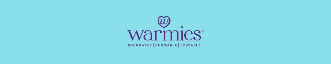 Warmies logo on blue. Shop Warmies.