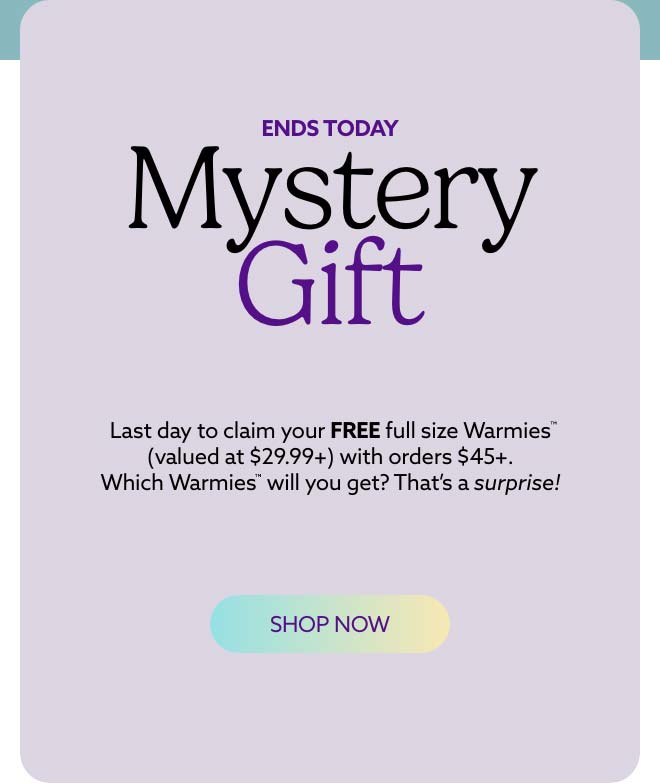 A purple text card. Shop Mystery Gift.