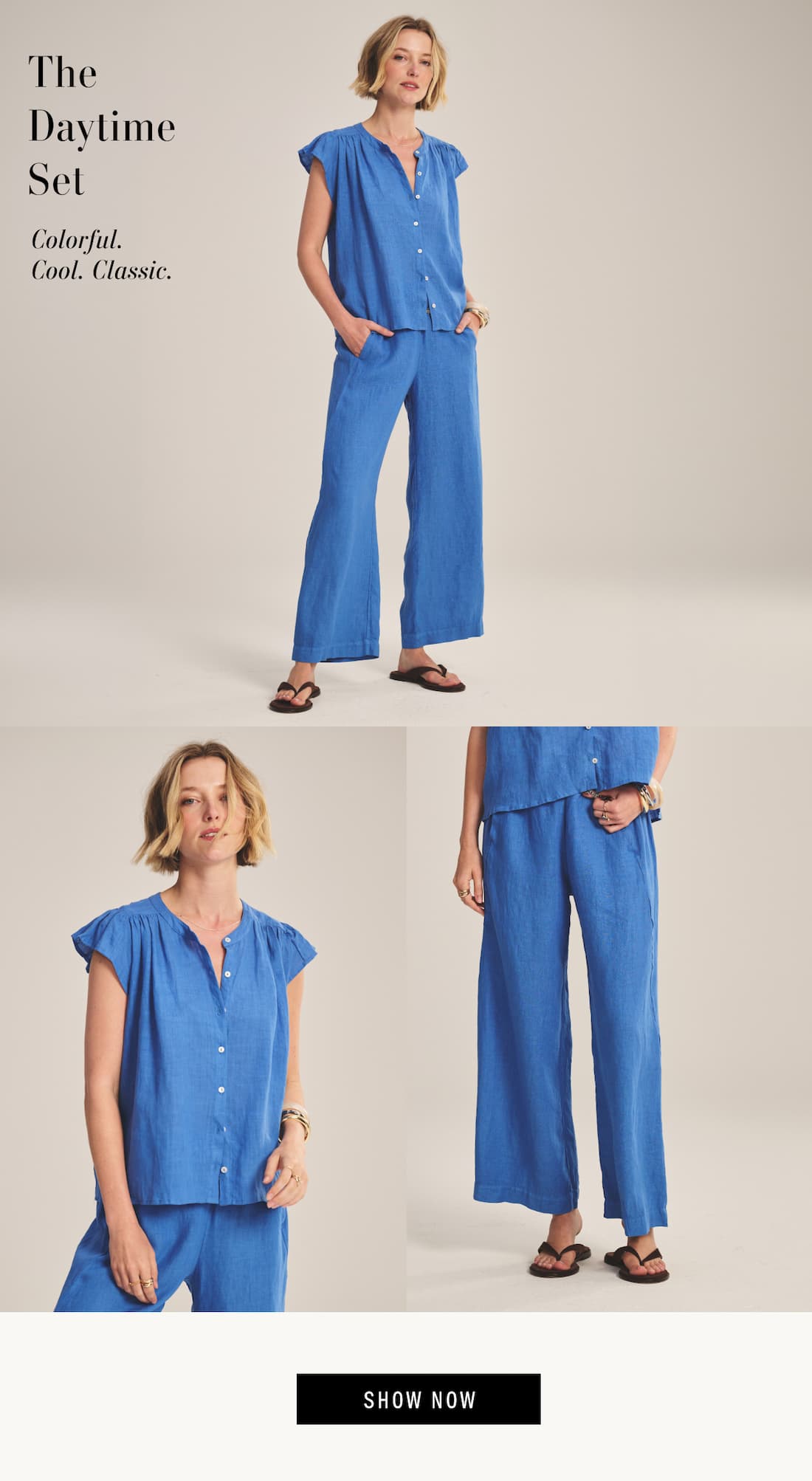 The Daytime Set. Colorful. Cool. Classic. Model in three different views wearing Janey Top and Lola Pant.