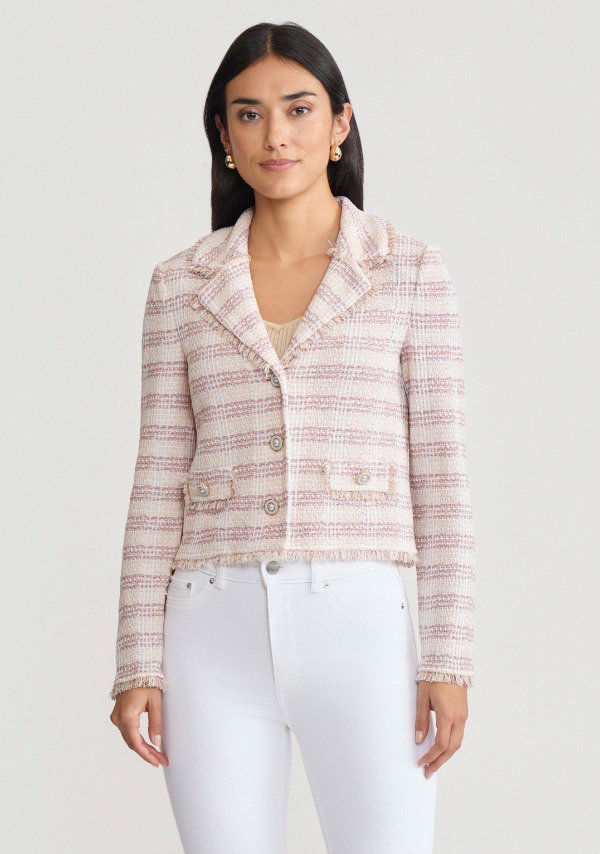 Relaxed Plaid Fringe Trim Knit Jacket