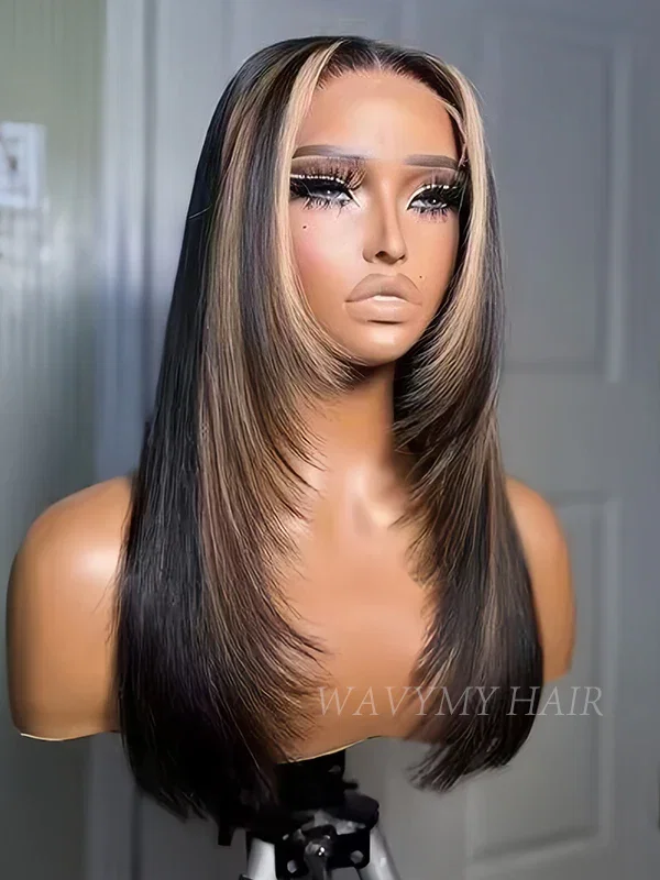 Wavymy Highlight Ombre Layered Cut Wear Go Wigs 180% Density Straight 7x5 Pre-cut Lace Closure Customized Colors Wigs 100% Human Hair