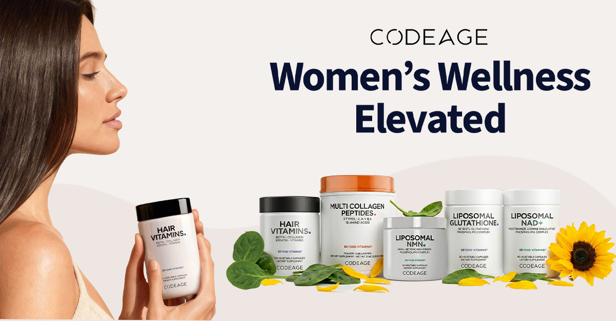 Woman holding CODEAGE Hair Vitamins with headline Women's Wellness Elevated