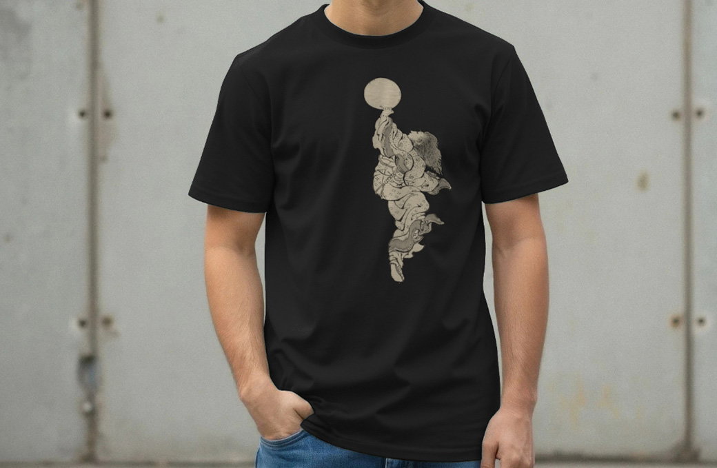 Black T-shirt featuring an ink illustration of Zhou Sheng ascending a staircase of clouds by Japanese artist Katsushika Hokusai, worn by a model. - Shop Now.
