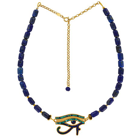 Elegant necklace featuring a lapis lazuli and turquoise design centred with a Wedjat, or Eye of Horus, pendant. - Shop Now.