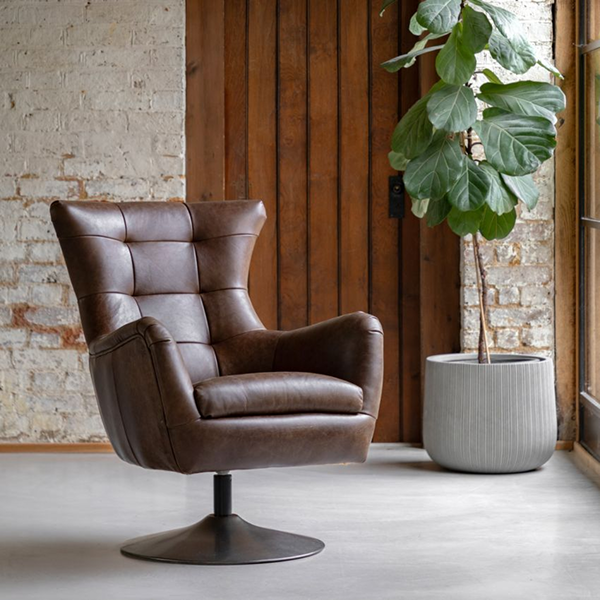 Scott Lounge Swivel Chair in Brown Leather