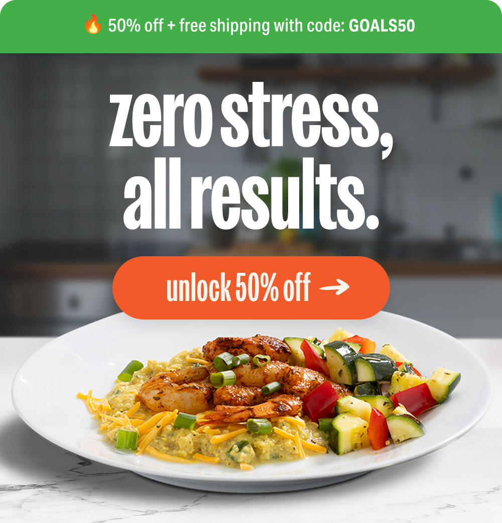 A delicious, dietitian-crafted plate of blackened shrimp and grits below the headline 'zero stress, all results.'