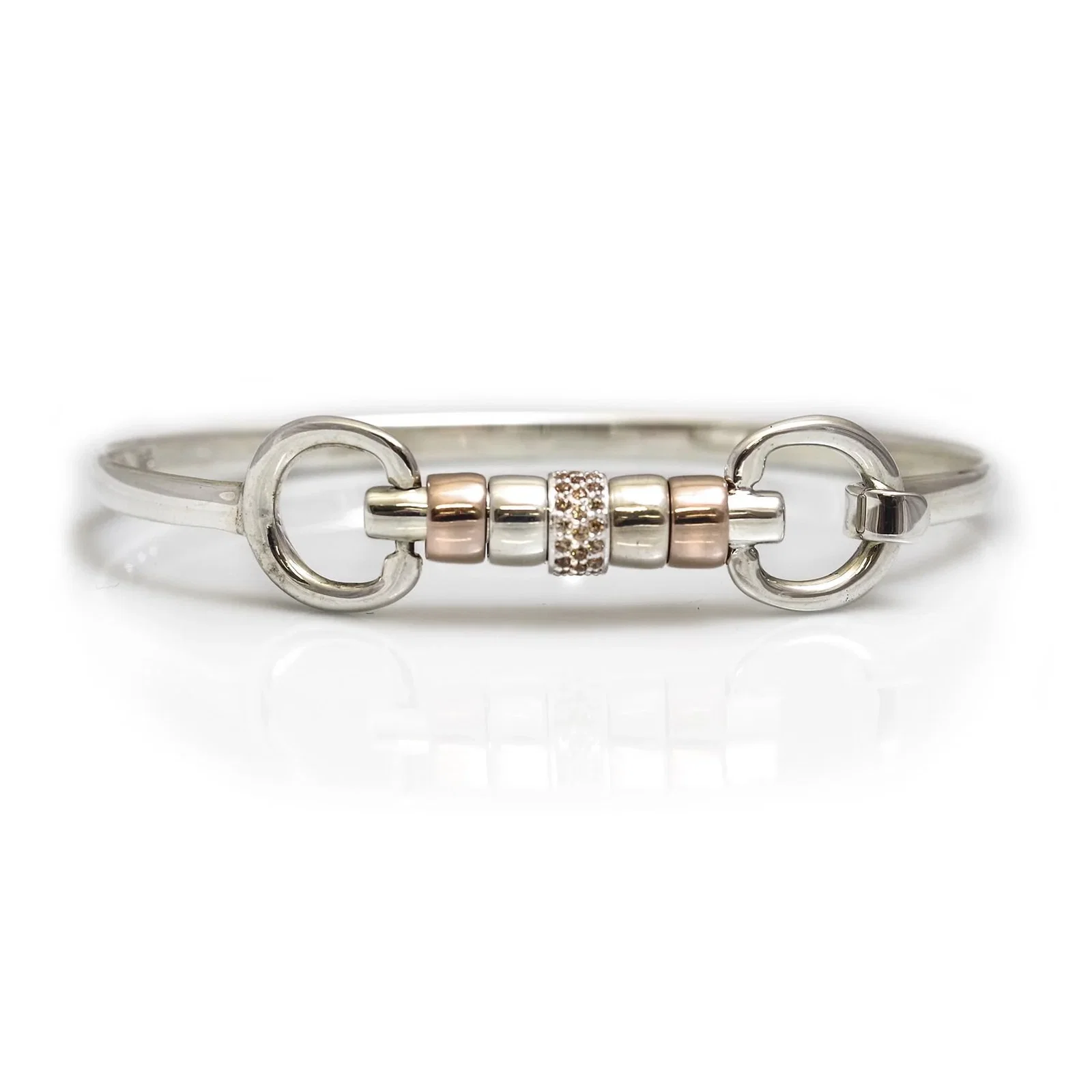 Image of Exclusive Sterling Silver & 18ct Rose Gold Plate Cherry Roller Snaffle Bangle With Champagne CZ Starlight Roller Bead