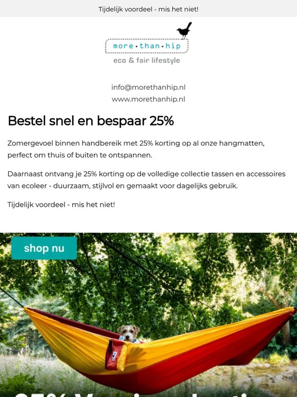 25% korting op hangmatten en leren tassen & accessoires