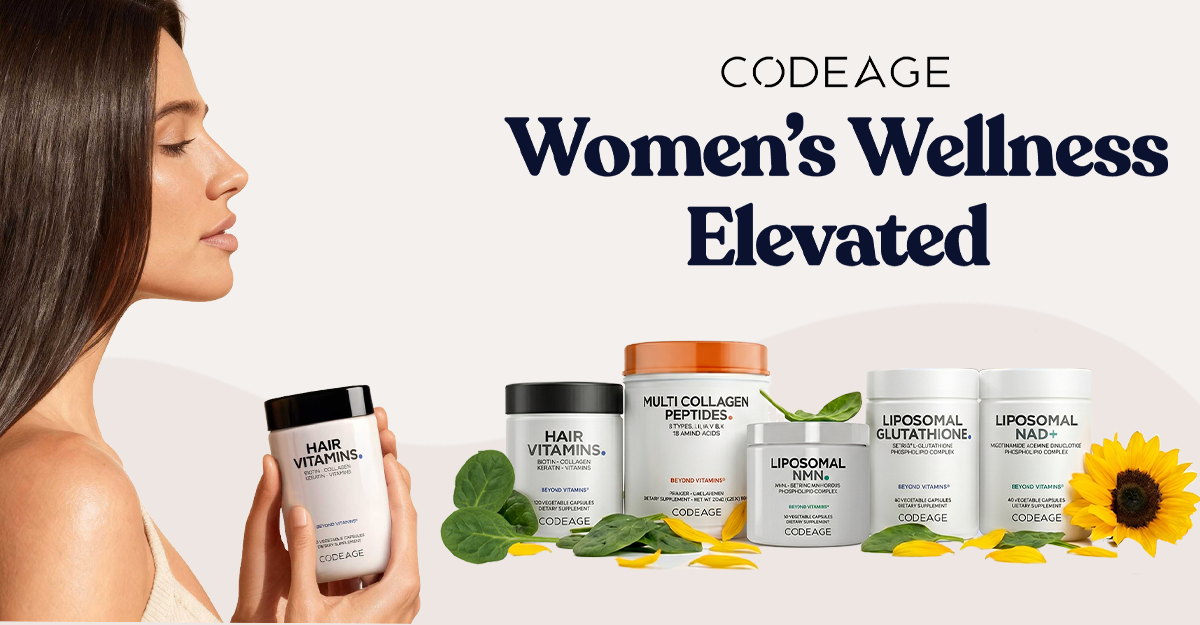 Woman holding Hair Vitamins by CODEAGE with headline Women's Wellness Elevated