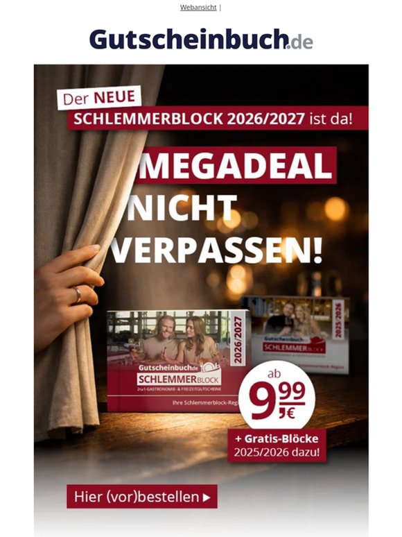 Nicht verpassen: MEGADEAL ab 9,99 € mit neuem Schlemmerblock 2026/2027 + Gratis-Blöcke sichern!