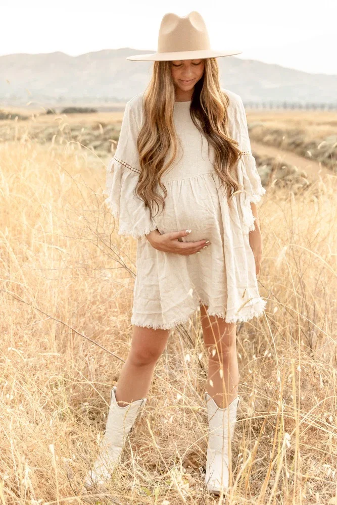 Image of Beige Raw Edge Bell Sleeve Babydoll Maternity Dress