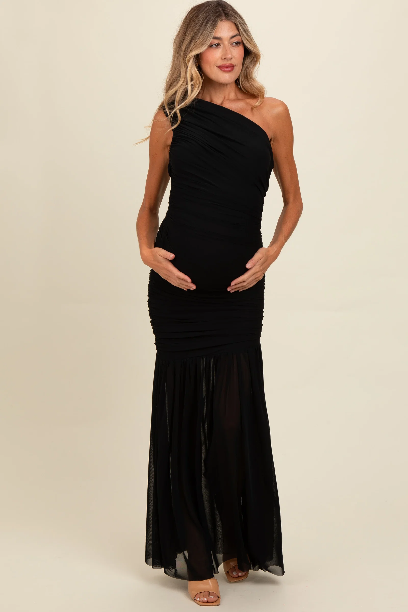 Image of Black Ruched Mesh One Shoulder Maternity Maxi Dress