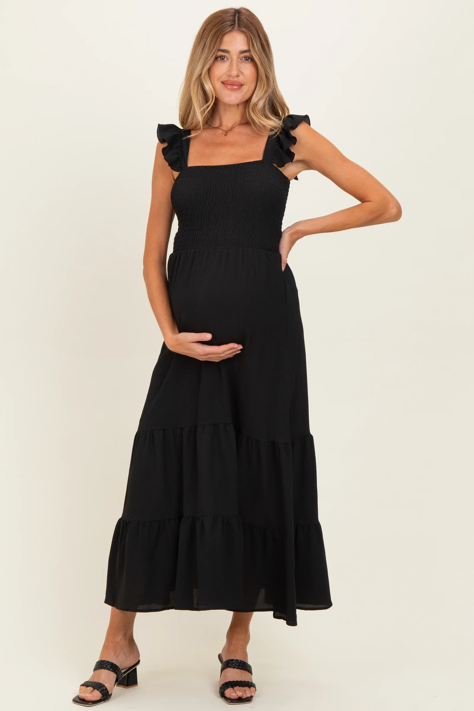 Image of Black Ruffle Strap Smocked Maternity Maxi Dress