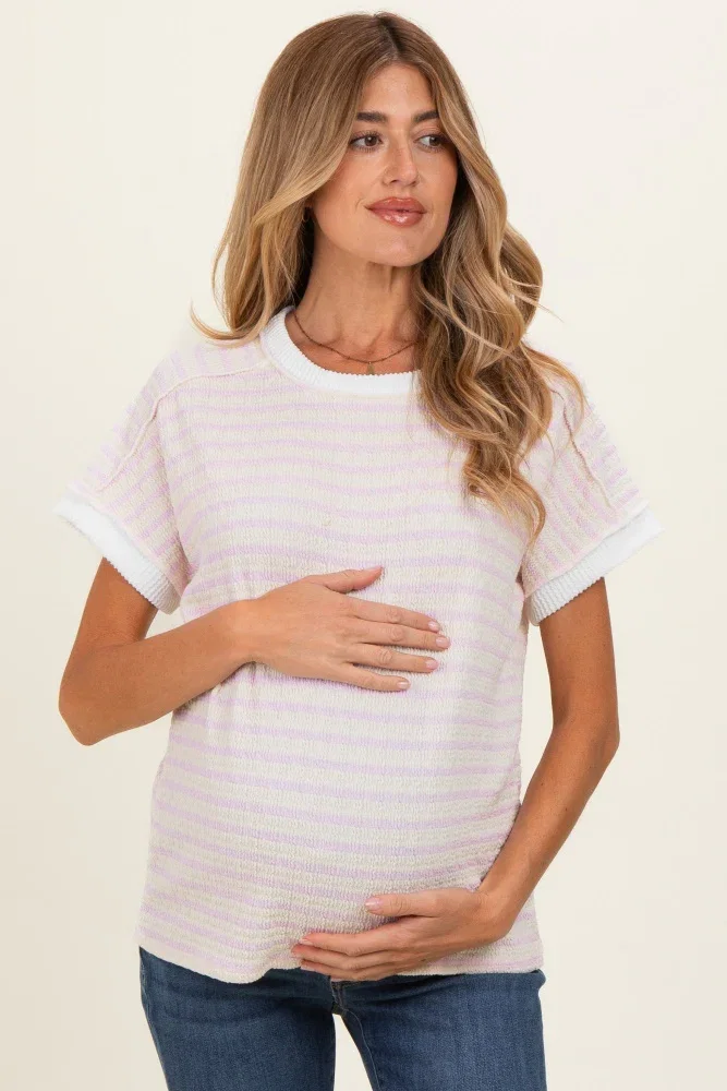 Image of Blush Striped Knit Short Sleeve Maternity Top