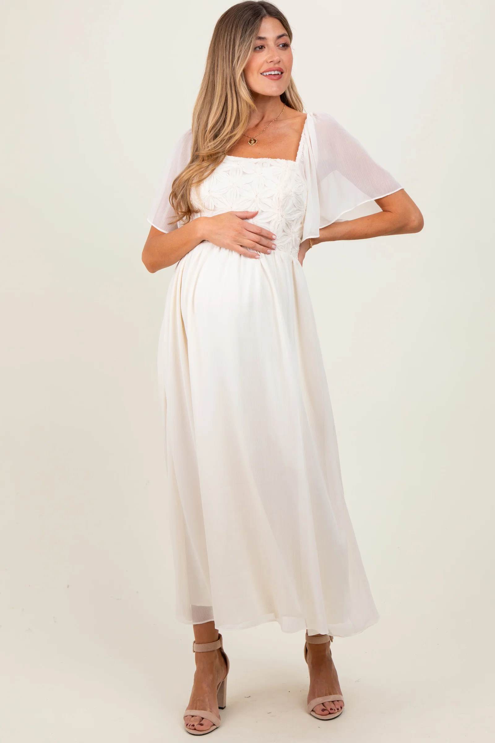 Image of Cream Floral Applique Flutter Sleeved Maternity Midi Dress