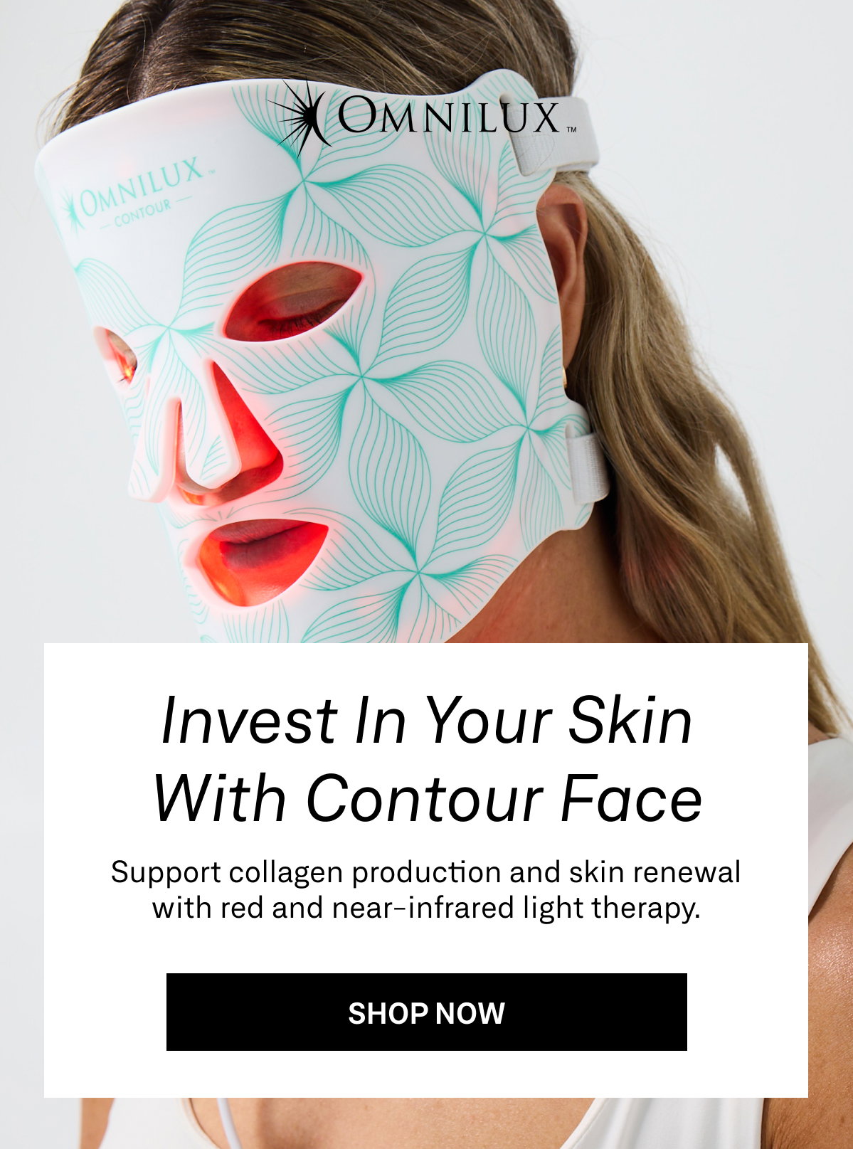 Omnilux Contour Face LED device, designed to support collagen production and skin renewal with red and near-infrared light therapy. 