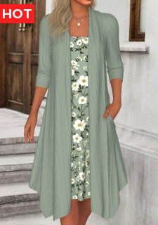 ROTITA Tummy Coverage Floral Print Sage Green Round Neck Dress