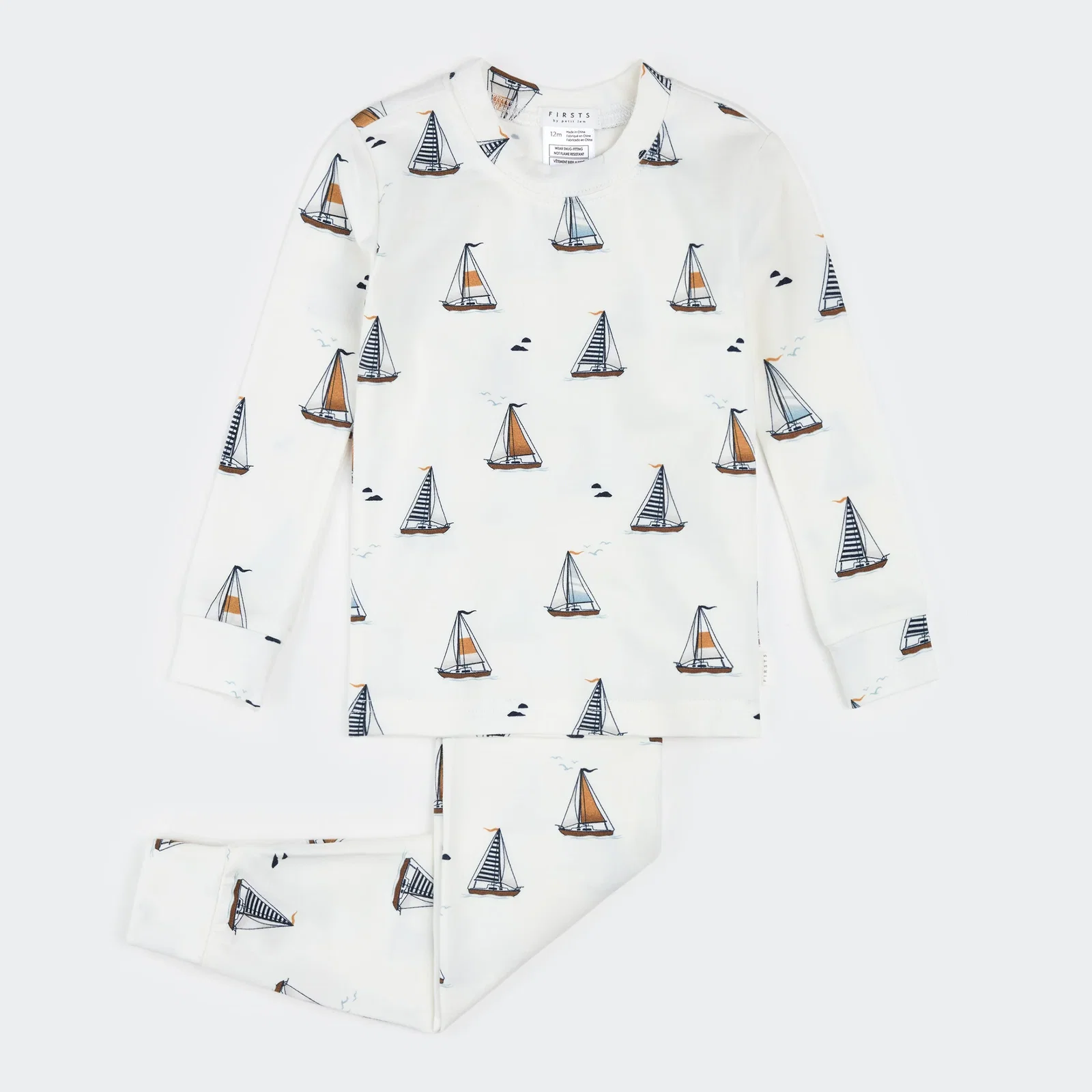 Image of Sailboats Print on Off-White Infant PJ Set