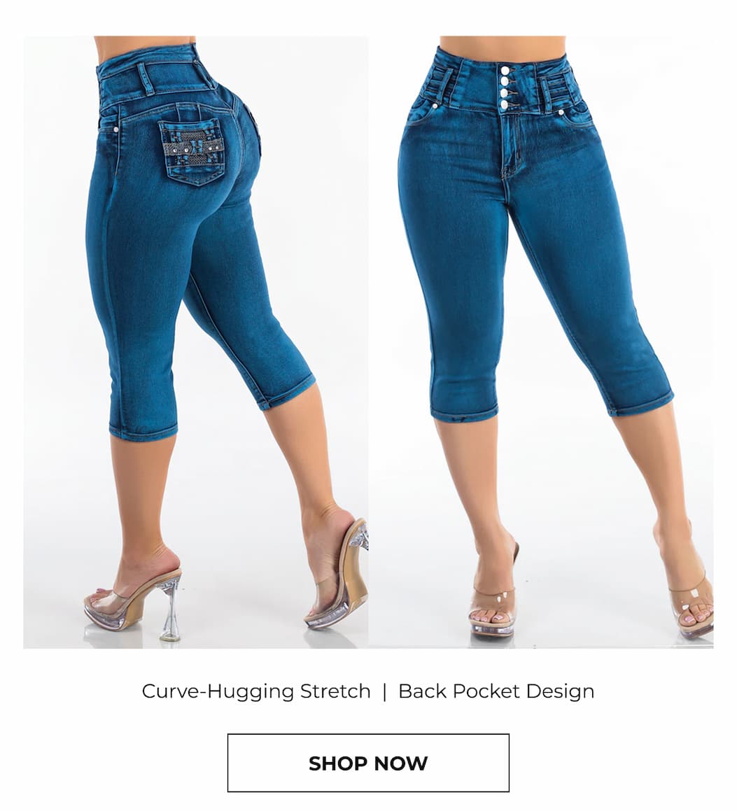 Butt Lift High Waisted Stretch Denim Capris Sand Wash w Back Pocket Design