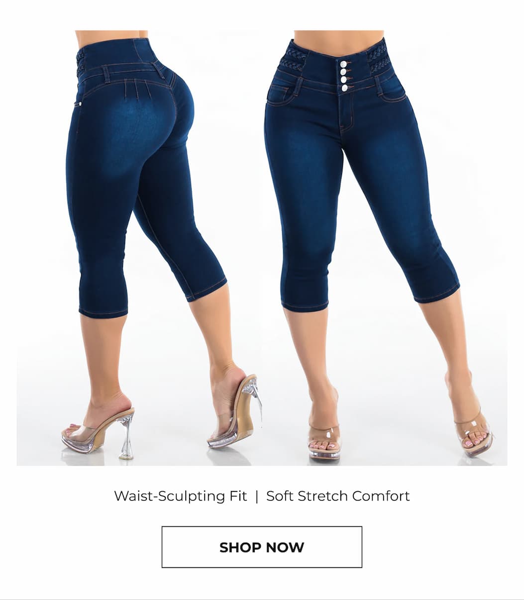 Butt Lift High Waisted Stretch Denim Capris Dark Blue