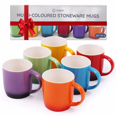 CUQOO Colourful Stoneware Mugs Set of 6 | Durable Everyday...