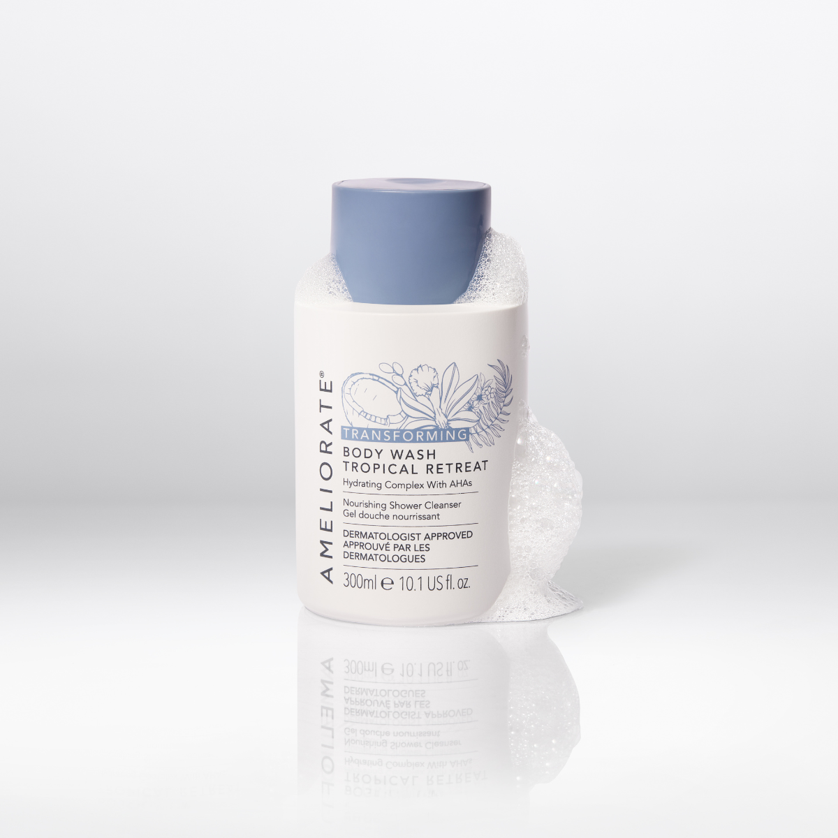 Start with Transforming Body Wash Tropical Retreat to gently cleanse, exfoliate and hydrate, while helping to smooth rough, dry and bumpy skin.