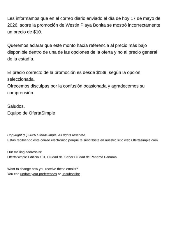 Fe de errata – Promoción Westin Playa Bonita