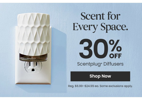 Text reads scent for every space, 30 percent off scentplug diffusers. A plugged-in diffuser is shown. Shop now button.