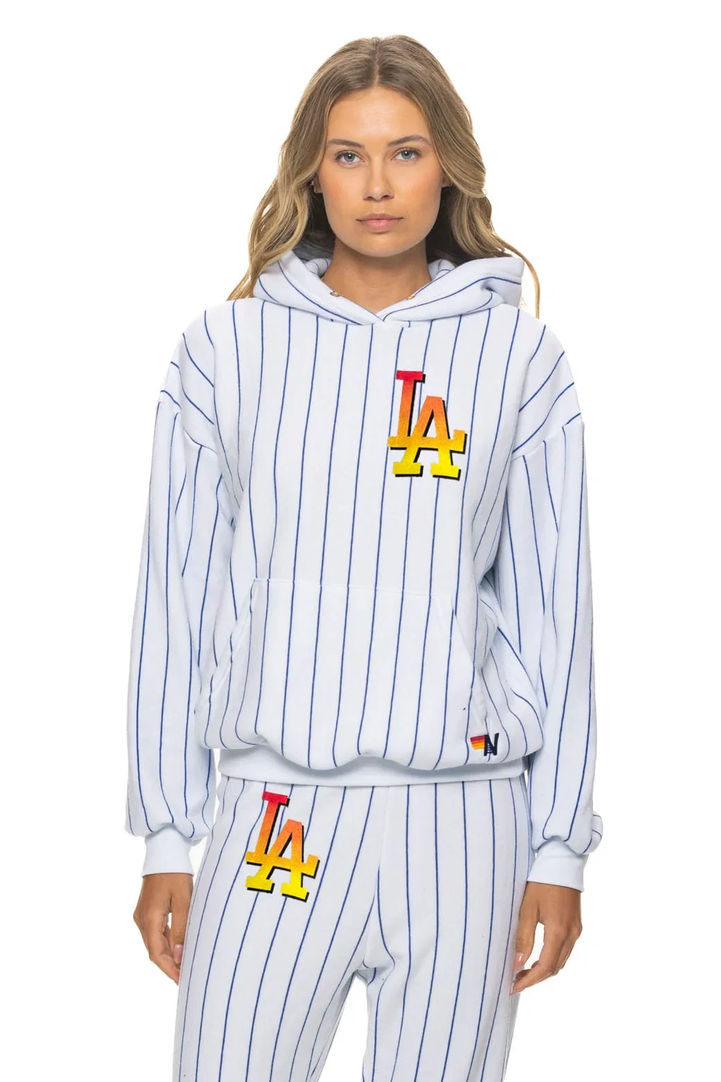 Image of LOS ANGELES DODGERS PINSTRIPE 2026 RELAXED PULLOVER HOODIE - WHITE // BLUE