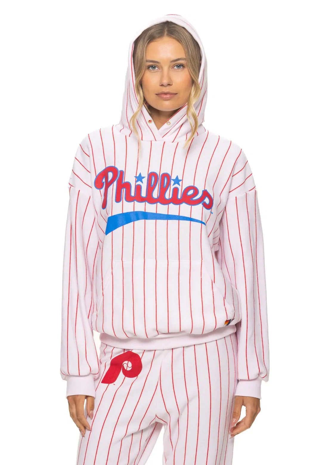 Image of PHILADELPHIA PHILLIES PINSTRIPE 2026 RELAXED PULLOVER HOODIE - WHITE // RED