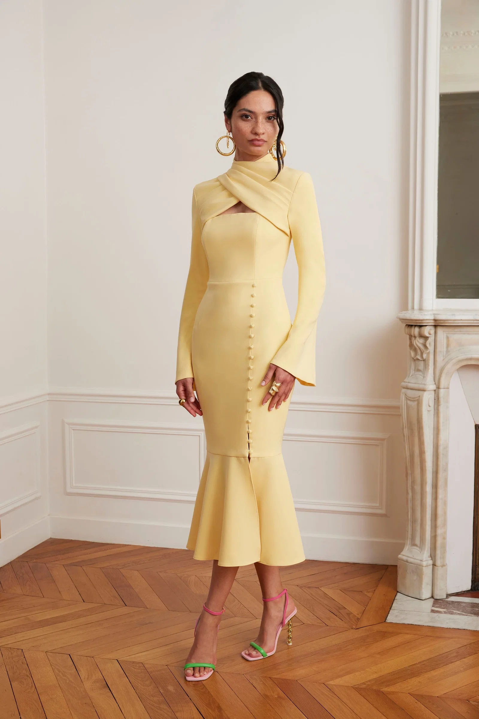 Image of KIMORA Cross Over High Neck Fluted Midi Dress In Yellow