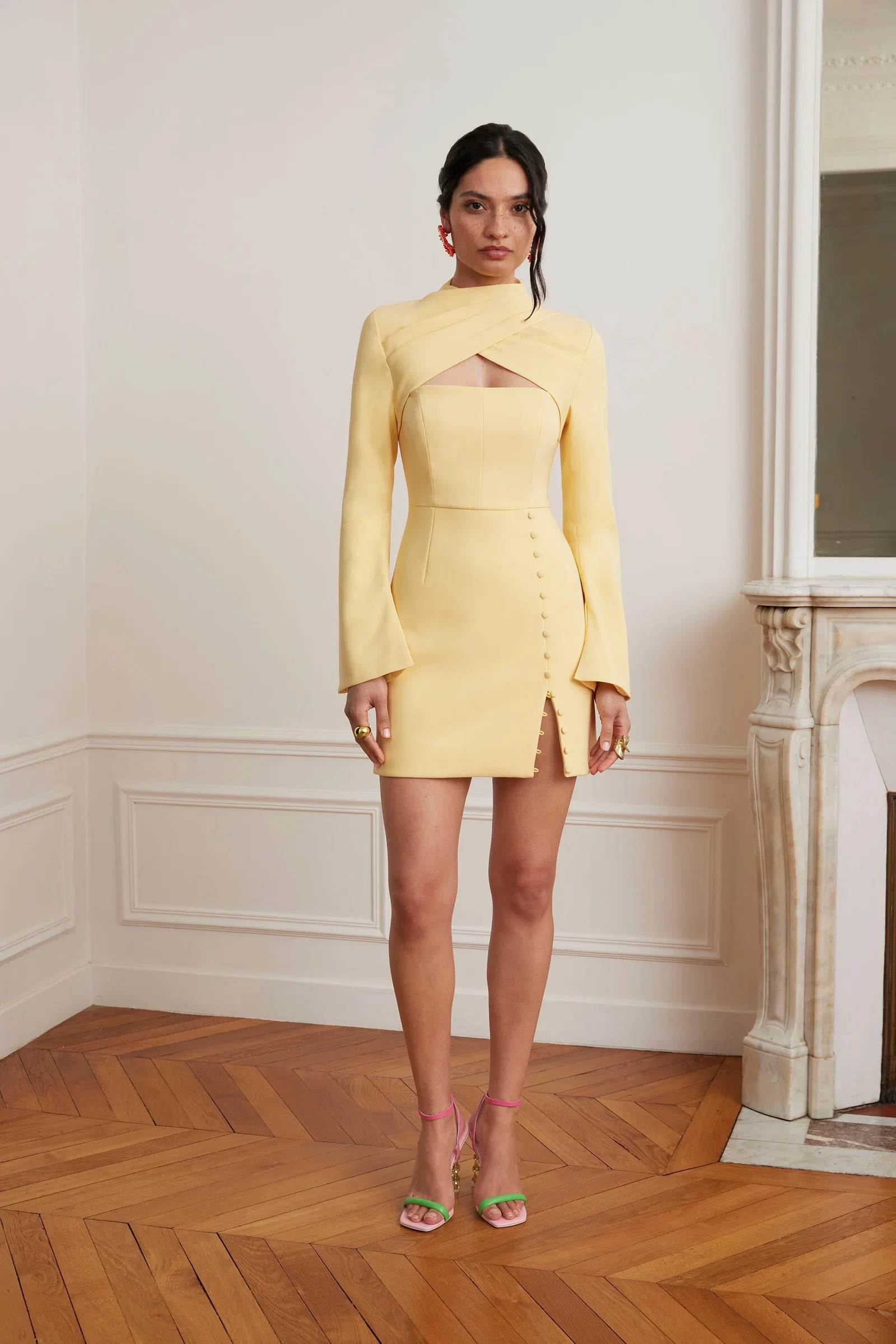 Image of FIONA High Neck Tulip Mini Dress In Yellow