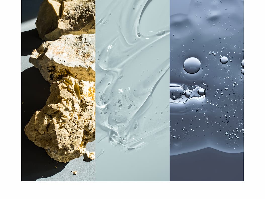 Shots of our key ingredients: Trio of Clays, Glycerin and Hyaluronic Acid, and ATP and Antioxidant complex.