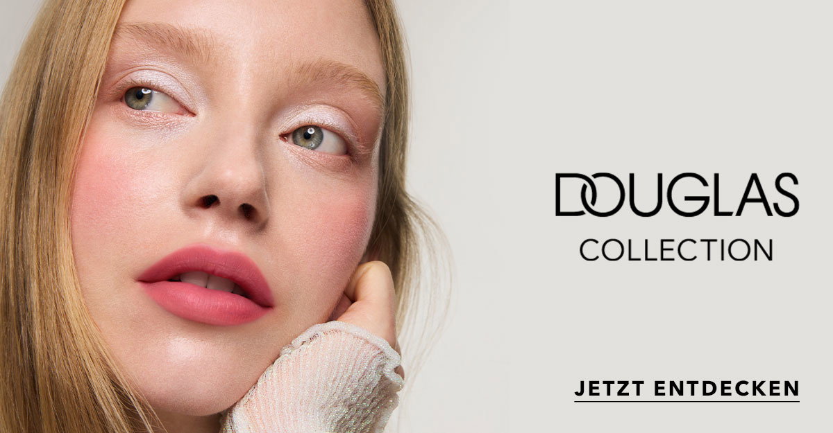 „Porträt einer Frau mit natürlichem Make-up und rosigen Lippen – Douglas Collection Beauty-Kampagne.“