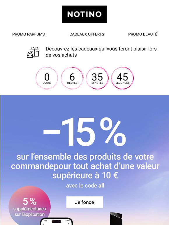 Faites-vous encore plus plaisir ! −15 % sur la totalité des produits de votre commande, pour tout achat d’une valeur supérieure à 10 €