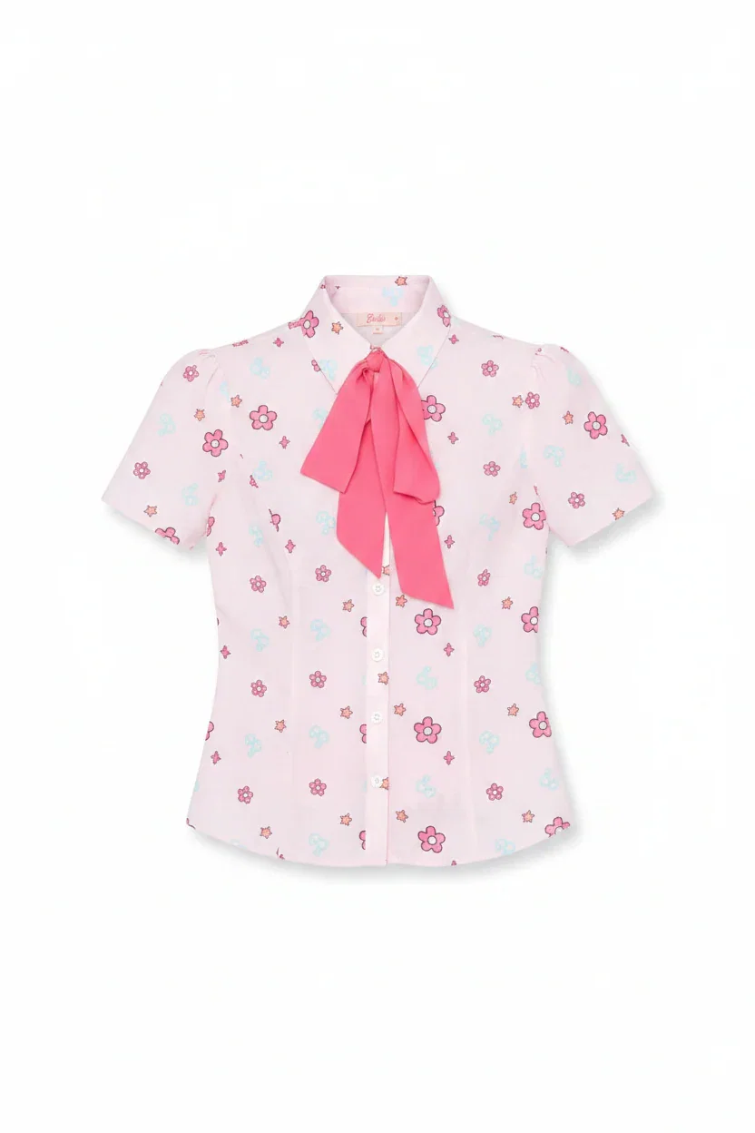 Barbie X Unique Vintage 1970s Pink Barbie Floral Print Bow Blouse
