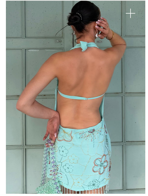 Outlaw Beaded Mini Dress — Mint Aqua