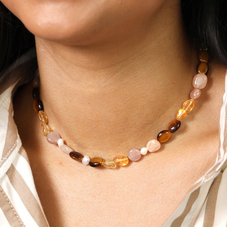 Image of Semi Precious Neutral Stone and Pearl Beaded Necklace in Gold