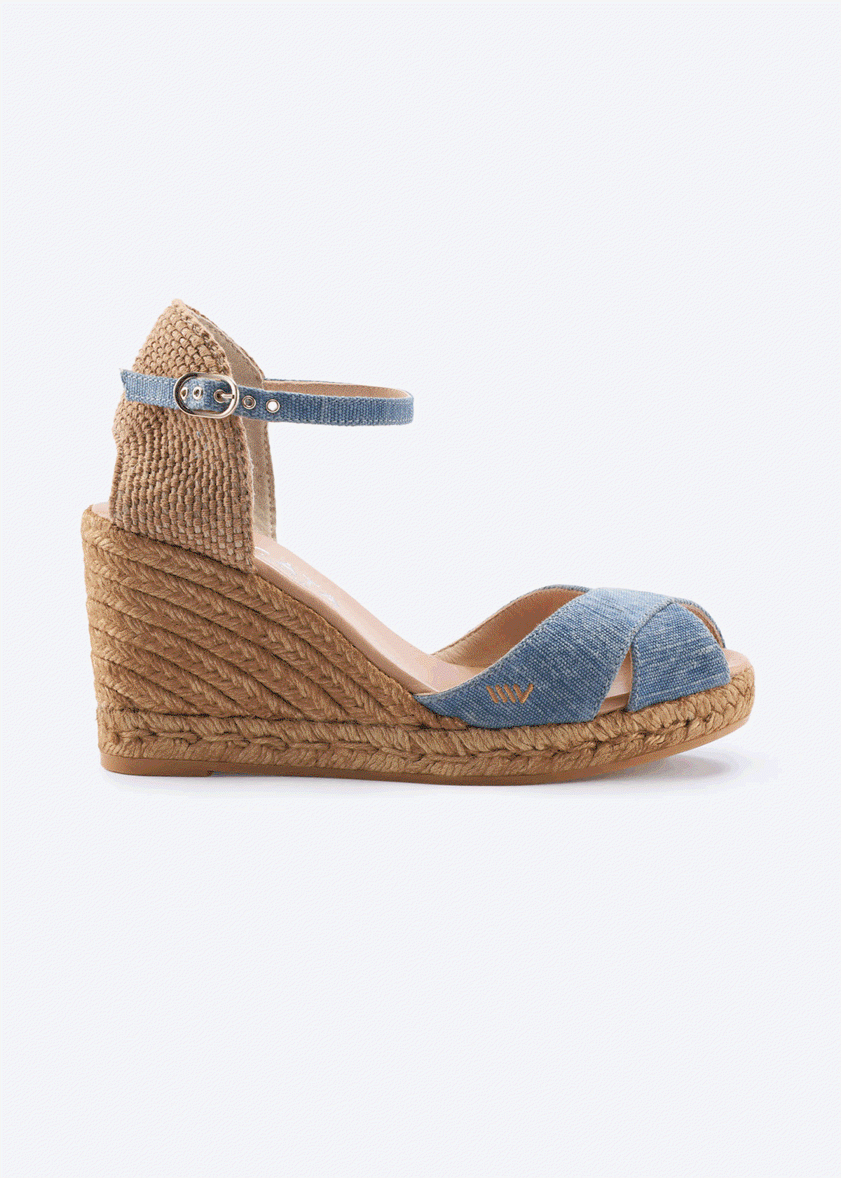 Aiguablava premium canvas wedges with an open-toe design, ankle strap, and natural jute wedge sole.